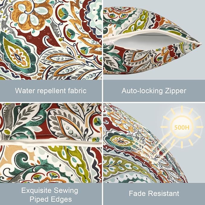 LVTXIII Outdoor/Indoor Pillow Covers, Patio Fade Resistant Throw Pillow Covers ONLY, Waterproof Farmhouse Accent Cushion Cases for Sofa Patio Couch Decoration 20"x20" Set of 2, Paisley Chilli