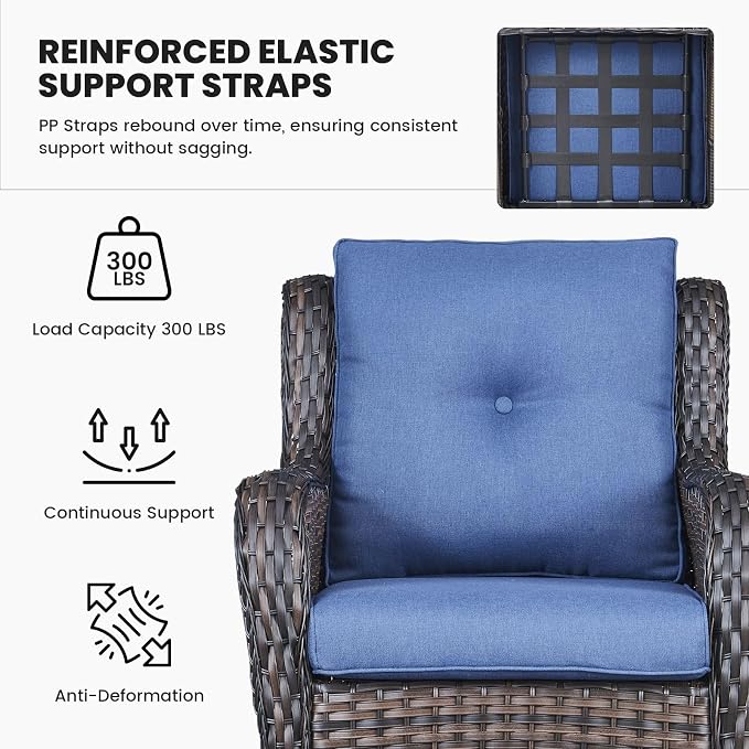 Belord Outdoor Furniture Set Patio Wicker Chairs, 3 Peices Porch Rattan Furniture with Side Table, Deep Seating Patio Bistro Chair Sets (Blue Cushion)