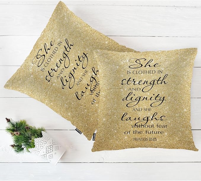 Swono Pillow Covers 18X18 Inch Set of 2 Holy Bible, Throw Pillow Cases Christian Quote Pillowcase Cushion Cover Decor for Home Sofa Bedroom, She Clothed with Strength and Dignity, Gold