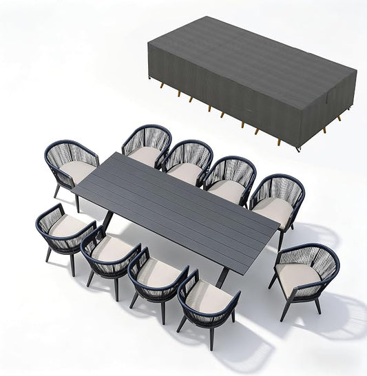 PURPLE LEAF Outdoor Dining Set with Waterproof Furniture Cover 11-Piece All-Weather Patio Set for 10 with Gray Aluminum Table Rope Weave Chairs and Cushions, Gray