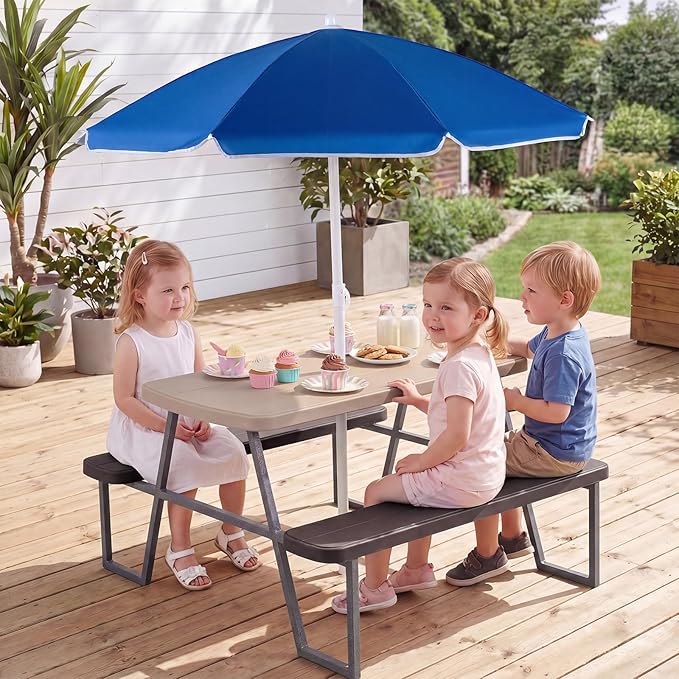 Costzon Kids Picnic Table, Toddler Outdoor Table & Bench Set with Removable Umbrella, HDPE Tabletop, Metal Frame, Kids Outdoor Furniture for Patio Backyard Garden, Fits 4 Children Age 3+ (Coffee)