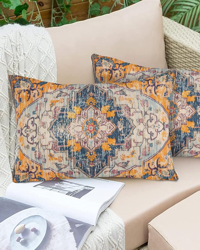 Outdoor Waterproof Pillow Covers Set of 2, Meddle Century Vintage Carpet Mural Pattern Patio Throw Pillow Covers, Decorative Cushion Case for Couch Sofa Furniture Garden, 20x12 Inch