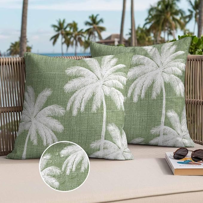 Outdoor Pillow Covers 24x24 Inch Set of 2, Dark Sage Green Palm Trees Waterproof Throw Pillow Covers, Tropical Summer Beach Decorative Cushion Pillowcases for Couch, Sofa, Bed, Garden, Patio