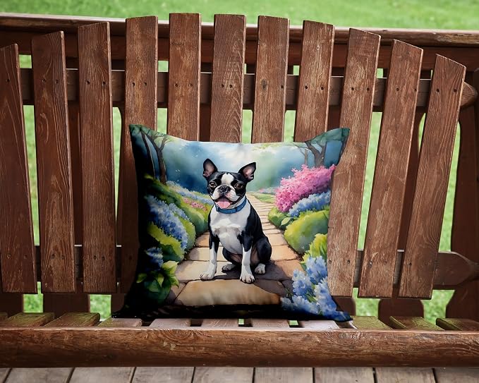 Caroline's Treasures Boston Terrier Spring Path Throw Pillow Machine Washable, Indoor Outdoor Decorative Pillow for Couch, Bed or Patio, 14Hx14W