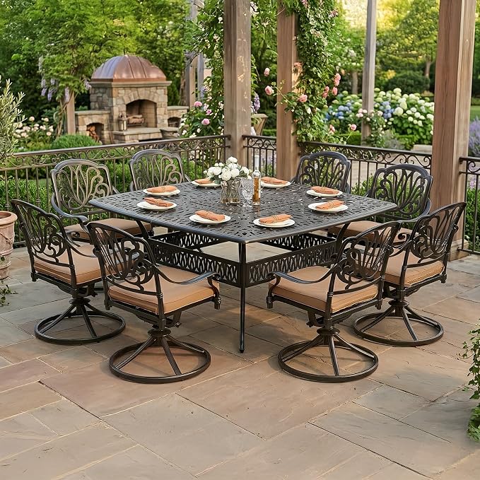 VIVIJASON 9-Piece Outdoor Dining Table Set for 8, All-Weather Cast Aluminum Patio Table and Chairs Set with 8 Swivel Rocker Chairs, 64" Large Square Dining Table with 2.2" Umbrella Hole
