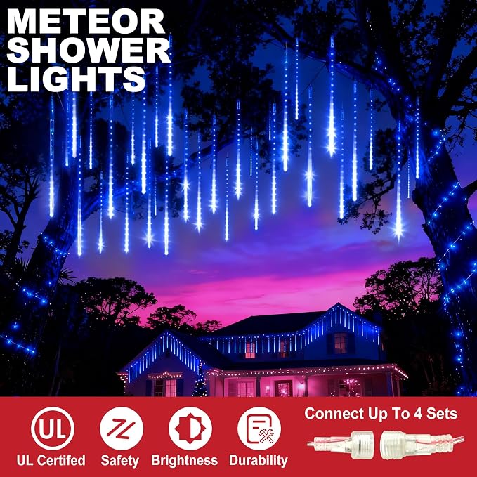 EEIEER Meteor Shower Lights, 11.8 inches 10 Tubes 240 LED Christmas Meteor Lights Snowfall Light for Outdoor Decoration, Waterproof Falling Rain Drop Light for Garden Tree Party Holiday-Blue