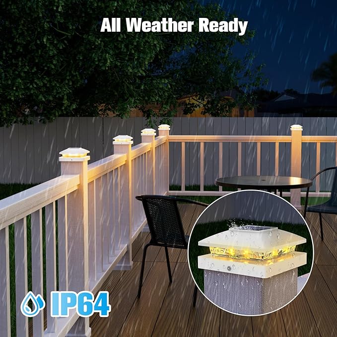 VOLISUN 4x4 Solar Cap Light 8pack, Solar Fence - Post Lights Outdoor Waterproof for Wood/Vinyl, White Deck Cap Light Solar Powered with Warm White for Garden/Patio/Porch