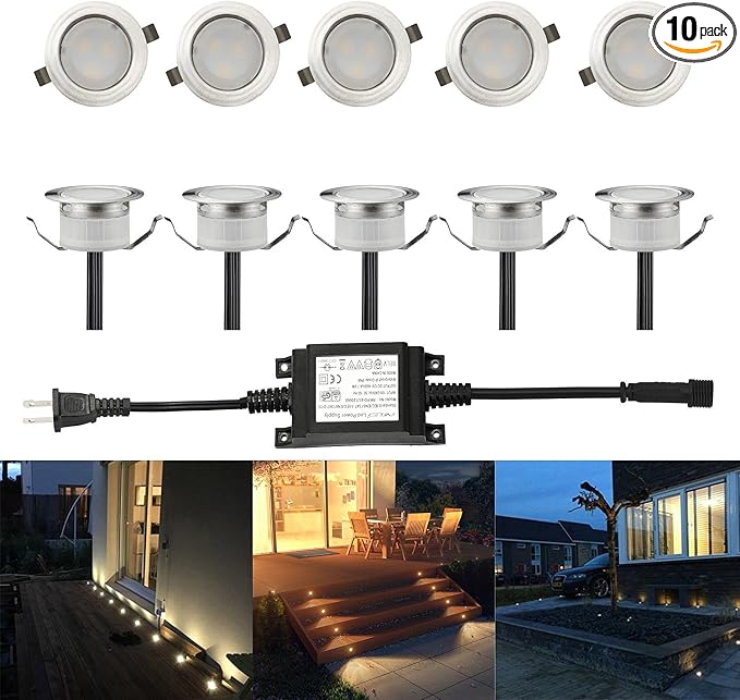 Low Voltage LED Deck Light Waterproof Outdoor Garden Yard Decor Lamps Recessed Wood Decking Stair Landscape Pathway LED Step Lighting (10pcs, Warm White) | IP67 Waterproof Outdoor, 0.6W per Light, for Garden Yard Pathway Patio Step Stairs Decor