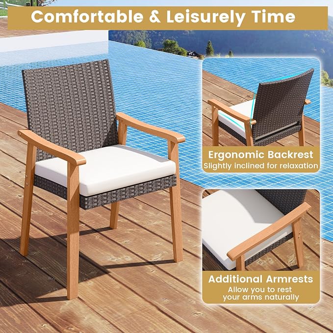 Tangkula 7 Pieces Patio Dining Table Set, Outdoor Rectangular Acacia Wood Table with 1.97” Umbrella Hole & 6 Cushioned Armchairs, for Garden, Deck, Yard