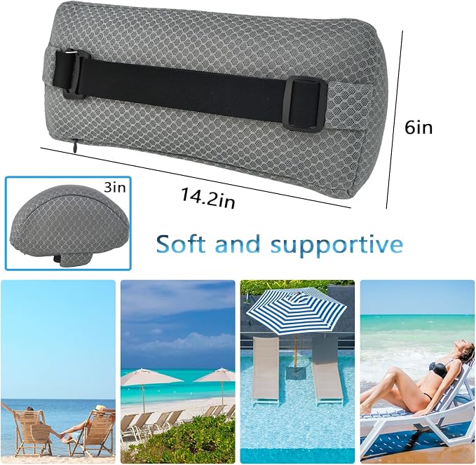 1 Pack Headrest Pillow for Patio Chaise Lounge,Recliner,Beach Chair,Gray | Resilient 3D mesh pillow with removable washable cover, adjustable elastic strap, ergonomic support, lightweight portable