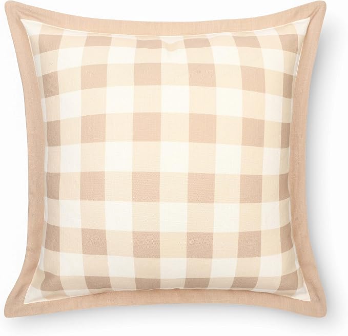 Modern Farmhouse California Casual Indoor Outdoor Throw Pillow Cover, 22"x22" Water Repellent for Patio, Backyard, Couch, Poolside, Ivory Cream Tan Print Gingham