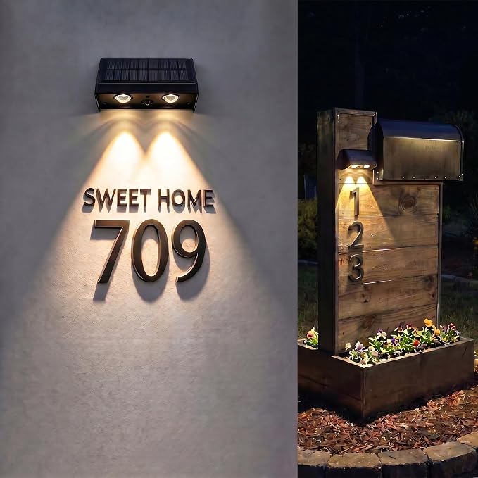 Solar Lights Outdoor for Wall, Mailbox, Address, Sign, House Number, Fence | 3000K Warm White Lighting Downlights Outdoor Waterproof LED Dusk to Dawn Small Convex Lens Solar Powered 2 Pack