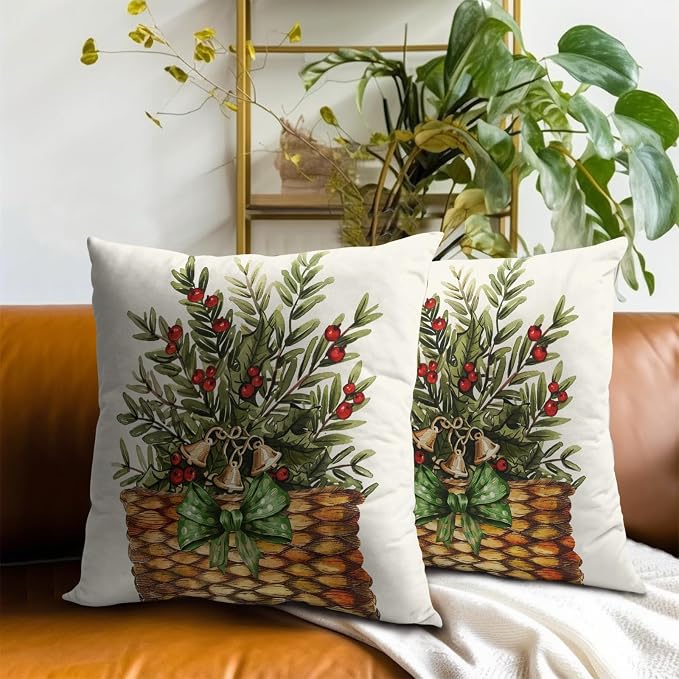 Winter Holiday Throw Pillow Covers Set of 2, 20x20 Inch Pine Branches Leaves Red Berry Basket Decorative Cotton Square Pillowcases for Sofa Bed Couch Patio Porch Home Decor