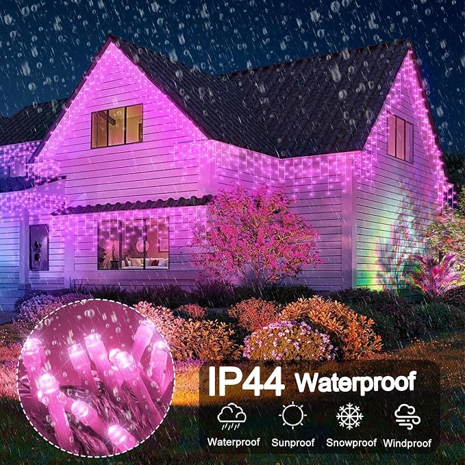 Pink Christmas Lights Outdoor Icicle Lights for Outside 66ft 640 LED String | Twinkle Lights with 8 Modes Connectable Timer Waterproof for House Window Party Wedding Yard Holiday Valentine's Day Decor