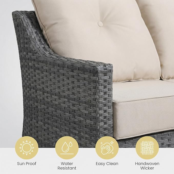 9 Piece Patio Furniture Set with 6" Thick Cushions, Weather-Resistant Wicker Swivel Rocker High Back Chairs and Fire Pit Table for Porch Yard Deck