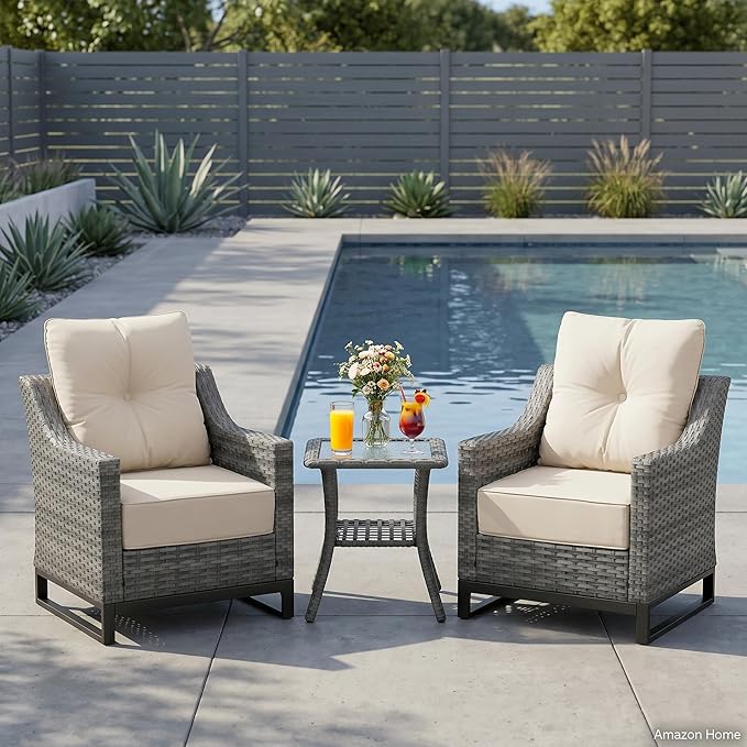 3 Pack Patio Furniture Set with 6" Thick Cushions, Dienspeak Rattan Wicker Patio Set with Two Outdoor Chairs and Table, High Back Rattan Chair with Comfy Cushions for for Porch, Garden Poolside Balcon