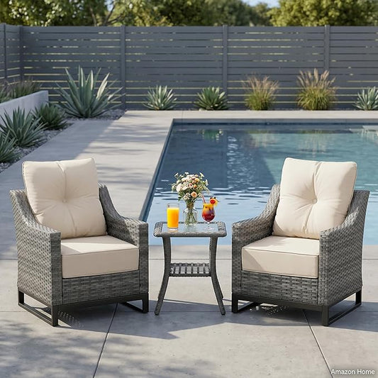 3 Pack Patio Furniture Set with 6" Thick Cushions, Dienspeak Rattan Wicker Patio Set with Two Outdoor Chairs and Table, High Back Rattan Chair with Comfy Cushions for for Porch, Garden Poolside Balcon