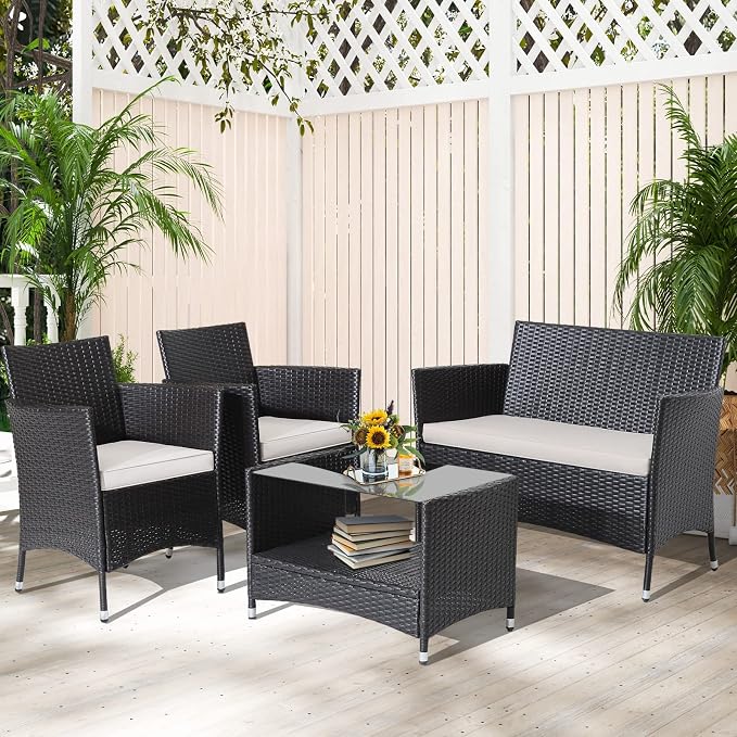HAPPYGRILL 4 Pieces Rattan Patio Furniture Set, Mix Brown Wicker Sofa Set with Soft Seat Cushions, 2-Tier Tempered Glass Coffee Table, Outdoor Rattan Conversation Set for Backyard Poolside
