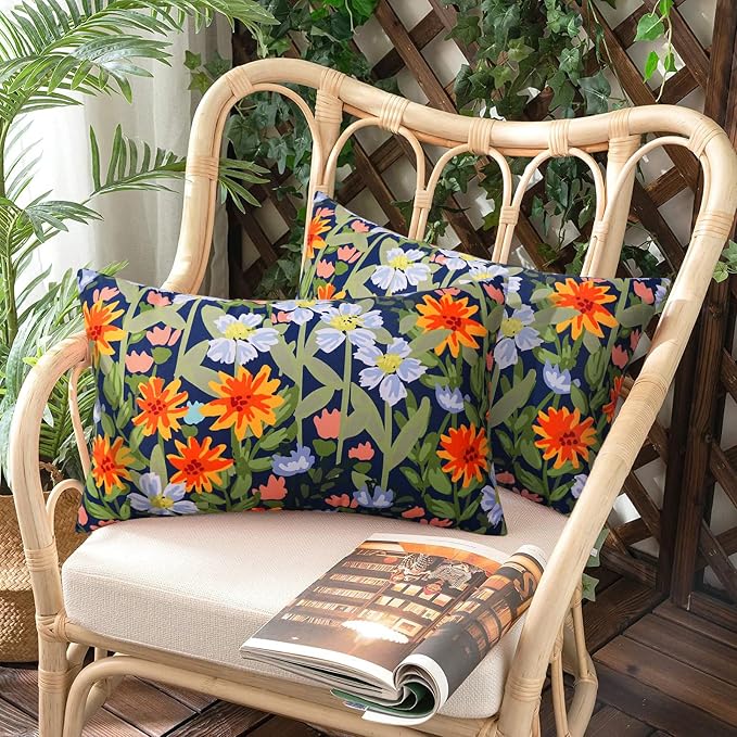 Pyonic Floral Outdoor Lumbar Pillows Covers 12x20 inch Waterproof Spring Summer Decor Outdoor Pillows for Patio Furnture Garden Bench Porch,Navy Blue