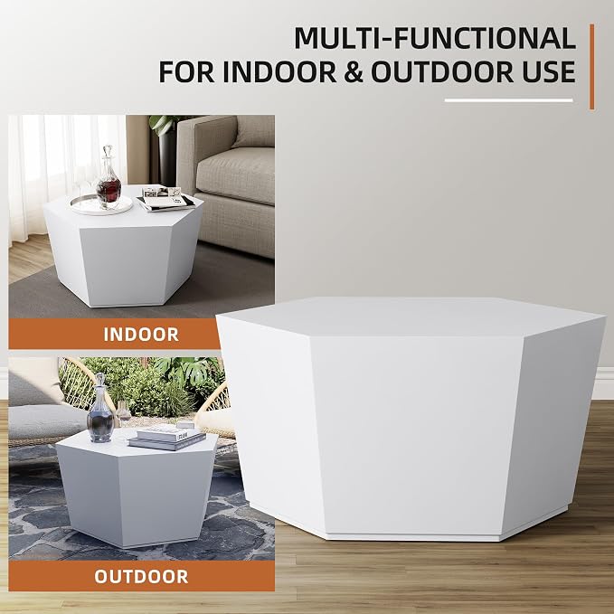 UPHA 28" Hexagon Outdoor Coffee Table, Modern Hollow Concrete Patio Table, Small Minimalist Low Accent Table for Living Room, Balcony, Deck, Backyard, Pure White