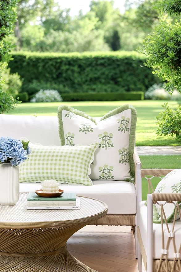 Hofdeco Premium Grandmillennial Coastal Hampton Patio Indoor Outdoor Lumbar Pillow Cover Only, 12"x20" Water Repellent for Backyard, Couch, Poolside, Grass Green Print Gingham