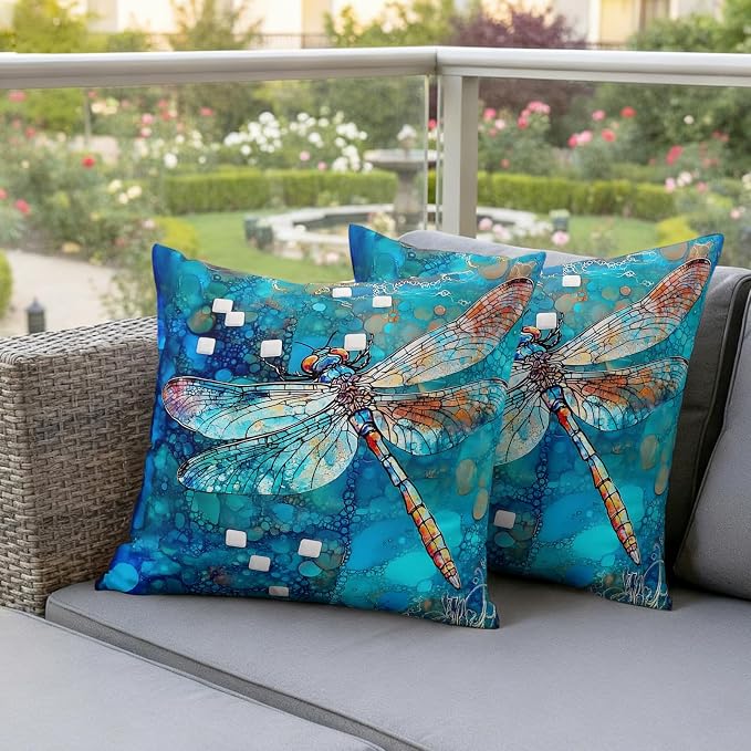 Blue Dragonfly Outdoor Pillow Covers Set of 2 Country Vintage Watercolor Dragonfly Wings Waterproof Throw Pillow Cover Decorative Cushion Cases for Patio Porch Garden 18X18 Inch