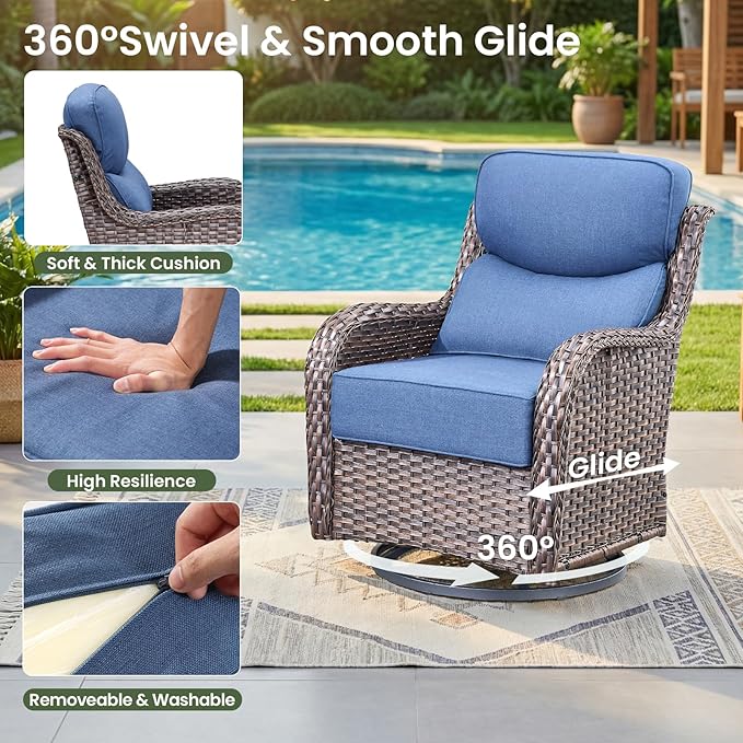 Luxury Patio Furniture Set with 6-inch Thick Cushion, Outdoor Furniture with Fire Pit Table, Swivel Chairs, Sofa, Side Table, Ottomans, 7pcs Wicker Conversation Set(Brown Wicker/Blue Cushion)