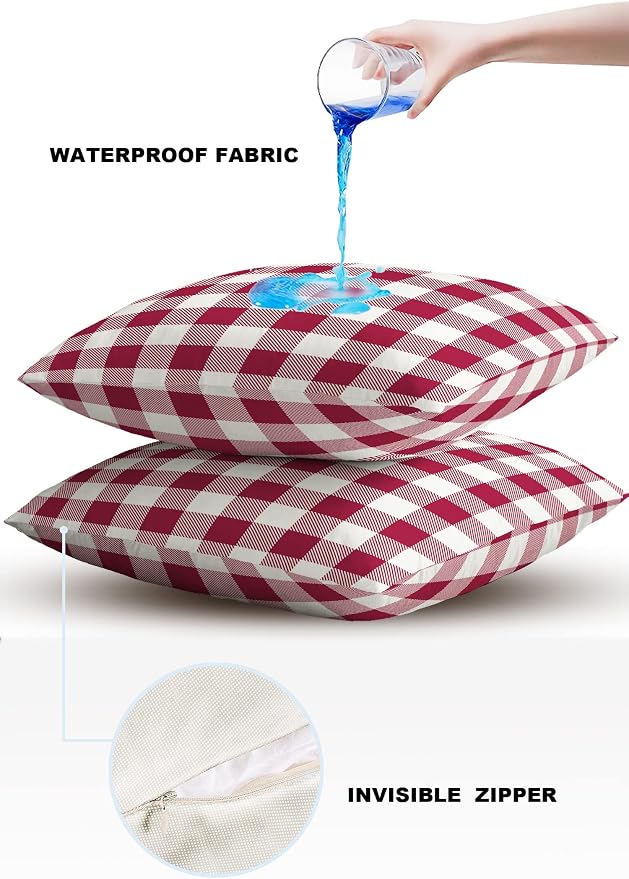 Outdoor Waterproof Throw Pillow Covers Set of 2 Wine Red Buffalo Check Plaid Pillowcases 26x26 Inches Farmhouse Style Patio Decorative Pillows Cushion Case Patio Pillows for Couch Bed Chair Garden