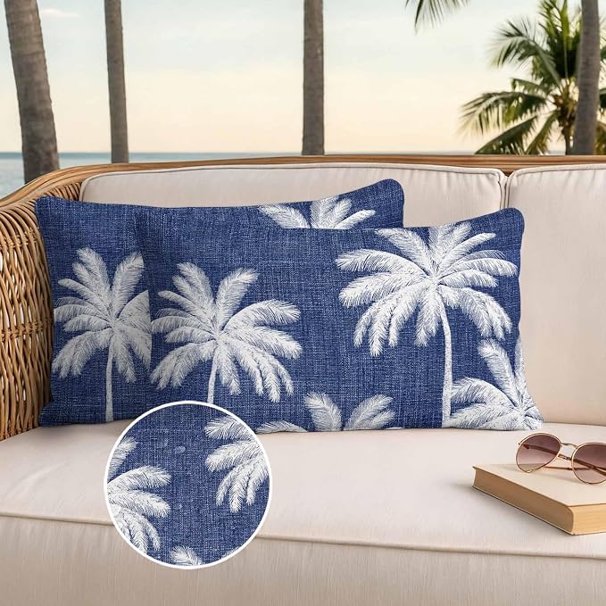 Lumbar Pillow Covers 20x12 Inch Set of 2, Indigo Blue Palm Trees Waterproof Outdoor Pillow Covers, Farmhouse Tropical Summer Beach Decorative Cushion Pillowcases for Couch, Sofa, Bed, Garden, Patio