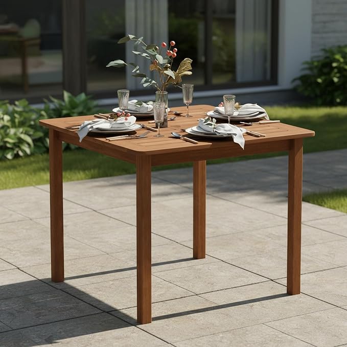 Furinno TIOMAN Square Outdoor Patio Dining Table, Solid Hardwood Garden Table for Backyard, Deck, Balcony, Teak Oil Finish, Light Wood