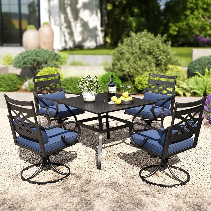 PHI VILLA 37 Inch Outdoor Dining Table Metal Steel Slat Square Patio Dining Table with 1.57" Umbrella Hole for Garden, Backyard and Porch (Classic Black)