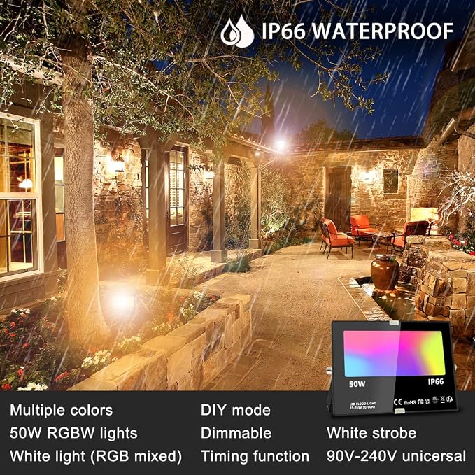 LED Flood Light Outdoor, 500W Equivalent 5000LM Smart RGB Landscape Lights | APP Control, DIY Scenes - Timing - Warm White 2700K - Color Changing Uplight, IP66 Waterproof US Plug (2 Pack)