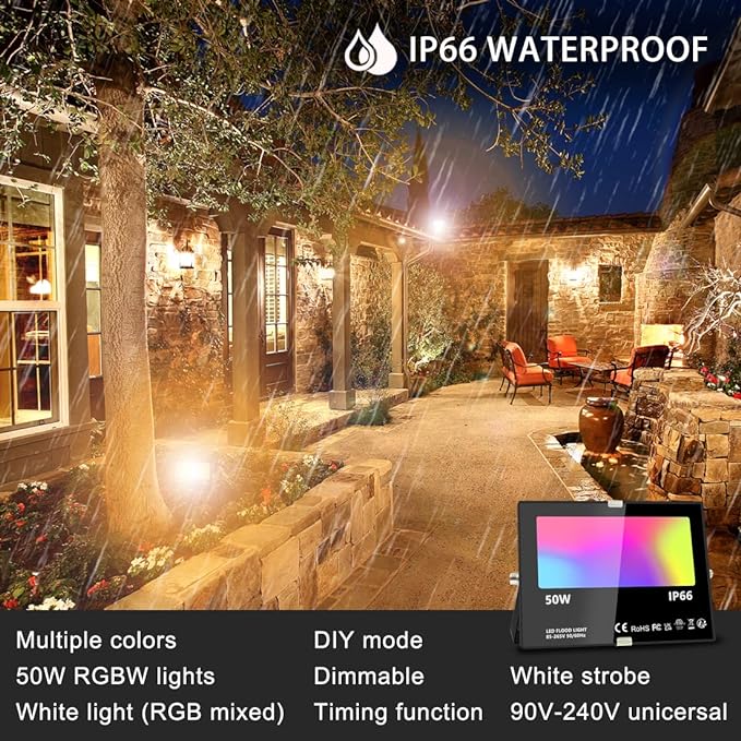 Led Flood Light 500W Equivalent, RGBW Led Outdoor Lights Colored Floodlight | Remote Control, 50W,5000ML 2700K,120 Colors, Timing, Dimmable, Custom Modes, Landscape Lighting (2 Pack)