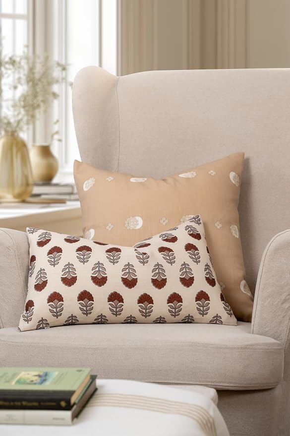 Crumbs Home Modern Farmhouse California Casual Indoor Outdoor Throw Pillow Cover, 20"x20" Water Repellent for Patio, Backyard, Couch, Poolside, Earth Tone Tan Neutral Embroidered Striped Dots