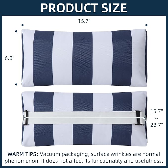 Outdoor Pillow for Chaise Lounge Chair, 2pcs Striped Chaise Lounge Pillows, Adjustable Strap Head Lumbar Pillow for Patio Pool Beach Office, Navy