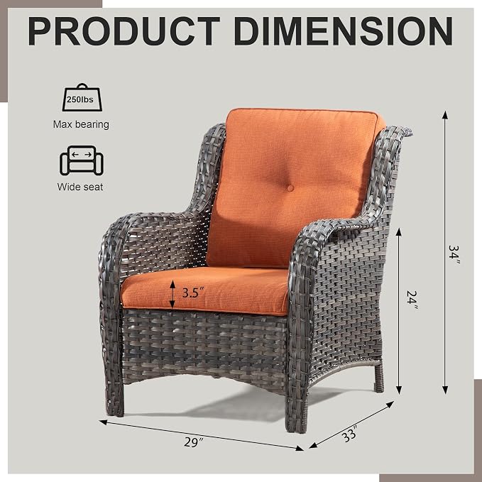 Outdoor Wicker Chair Rattan Patio Dining Chairs Set of 6 PE Wicker Patio Chairs with 4 inch Seat Cushions Patio Seating Chair for Garden, Backyard Swimming Pool, Balcony, Orange