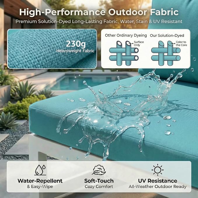 RADIATA 6 Seater Extra Large Modern Aluminum Outdoor Sofa with Lay Out Chair & Fire Pit Table, 500 lbs Durable Sectional Set for Heavy People, All Weather Comfy Patio Furniture Set for Backyard, Teal