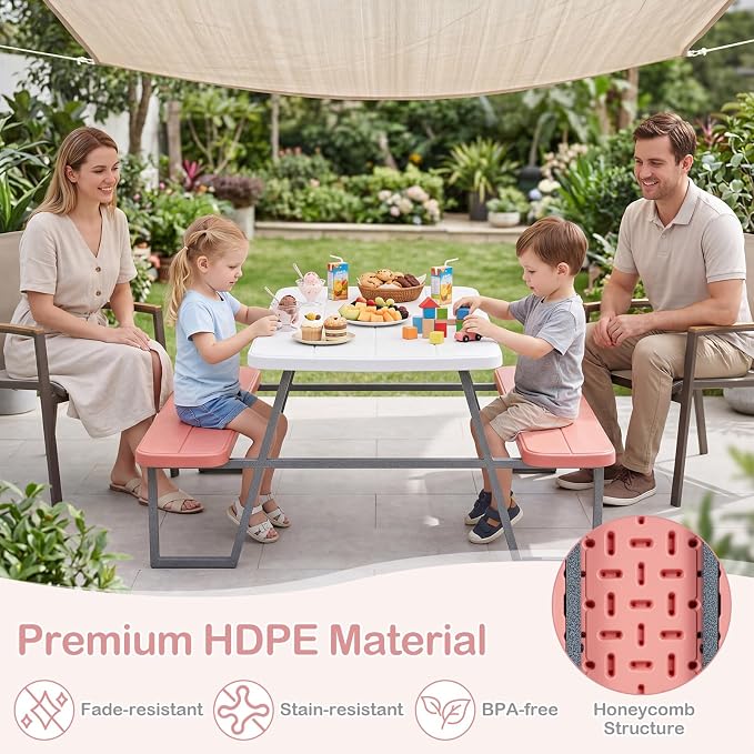 Costzon Kids Picnic Table, Toddler Outdoor Table & Bench Set with Removable Umbrella, HDPE Tabletop, Metal Frame, Kids Outdoor Furniture for Patio Backyard Garden, Fits 4 Children Age 3+ (Pink)