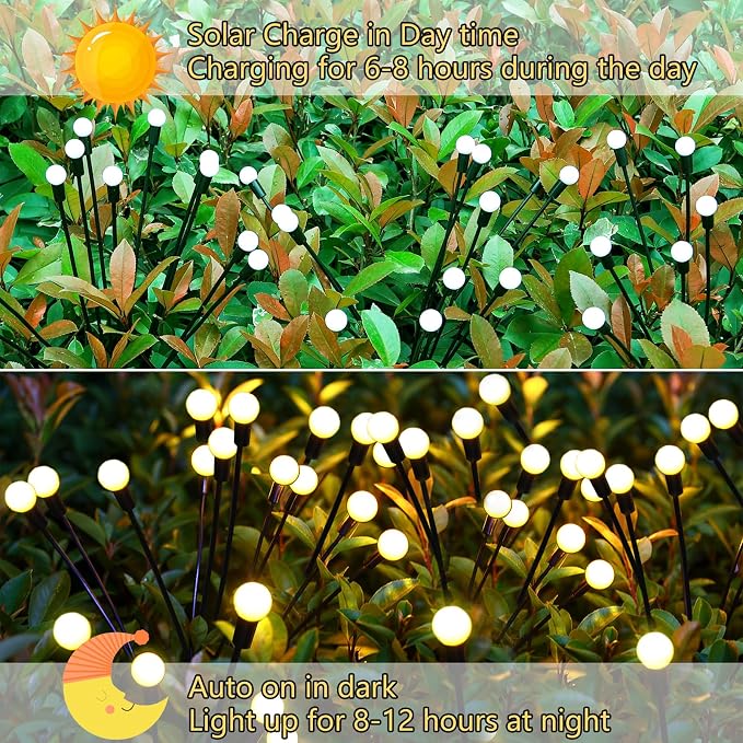 Solar Garden Lights Outdoor, 2 Pack 16 LED Solar Firefly Lights Waterproof, Sway by Wind, Swaying Light for Yard Patio Backyard Garden Planter Flower Bed Pathway Outdoor Decoration (Warm White)