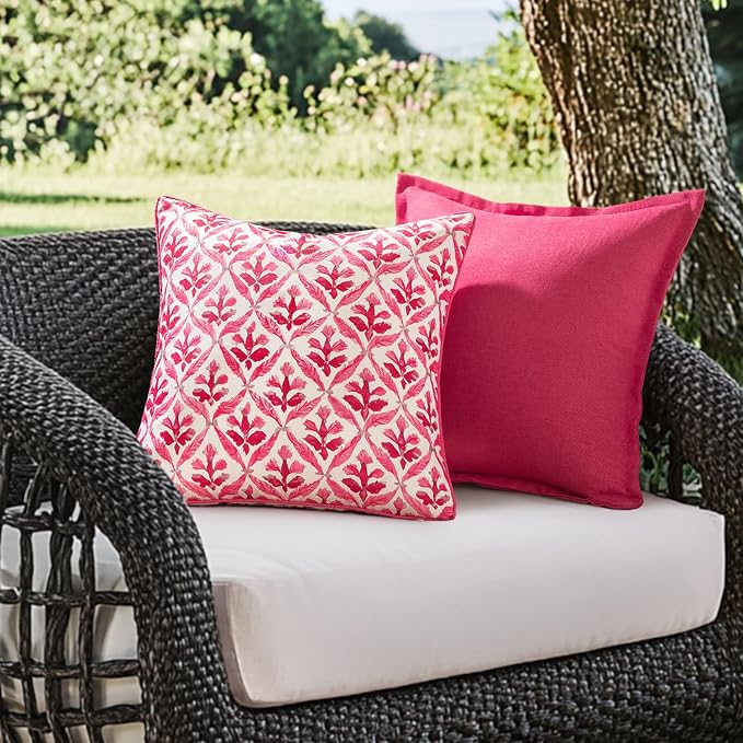 MIULEE Outdoor Floral Pillow Covers Waterproof 18x18 Hot Pink | Decorative Block Print,Boho Farmhouse, Set of 2 Coastal Summer Cushion Covers with Piping,Garden Patio Furniture Porch Couch