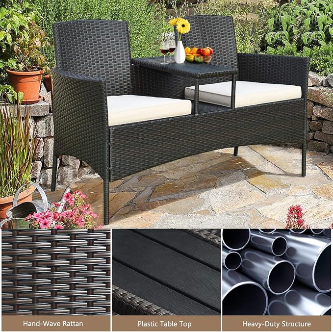 HAPPYGRILL Outdoor Loveseat with Removable Cushions and Coffee Table, Rattan Patio Wicker Conversation Set for Garden Lawn Backyard