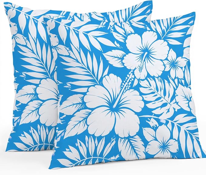 Hibiscus Flowers Waterproof Outdoor Pillow Covers Set of 2 Home Decor, Blue Tropical Monstera Leaves Lumbar Pillowcase Patio Pillow Covers for Couch Bench Patio Furniture Garden 20x20in
