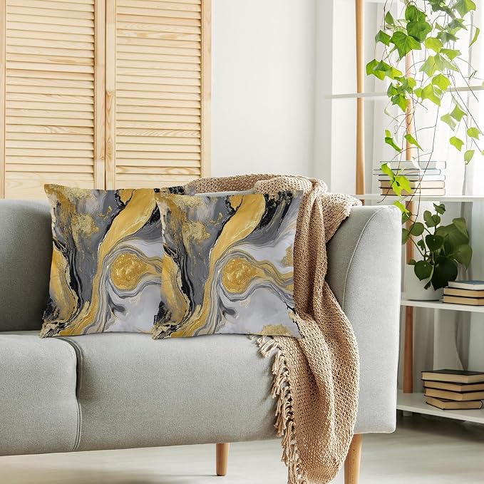 Swono Marble Pillow Covers, Abstract Splash Golden Black Ink Marble Decorative Pillow Case Home Sofa Cushion Set, Pillow Cushion Cases for Bed/Patio/Garden/Balcony, 2-Pack, 18x18 Inch