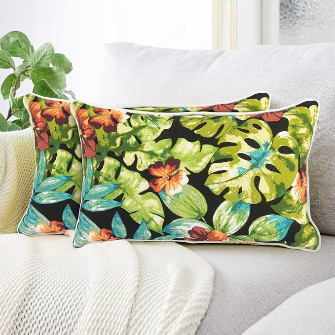 Lumbar Pillow Covers Set of 2, Outdoor Indoor Waterproof Decorative Patio Lumbar Pillowcase Shell 12x20 Inch, Rectangular Cushion Case for Couch Sofa Garden Farmhouse-Tropical Green Leaves