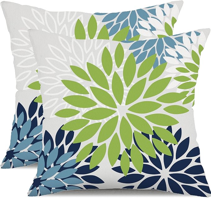 DFXSZ Outdoor Waterproof Pillow Covers 18x18 Set of 2 Green Blue Flower | Spring Summer Waterproof Flower Throw Pillowcases（No Inserts）Outdoor Decor for Patio Funiture Garden Polyester Covers