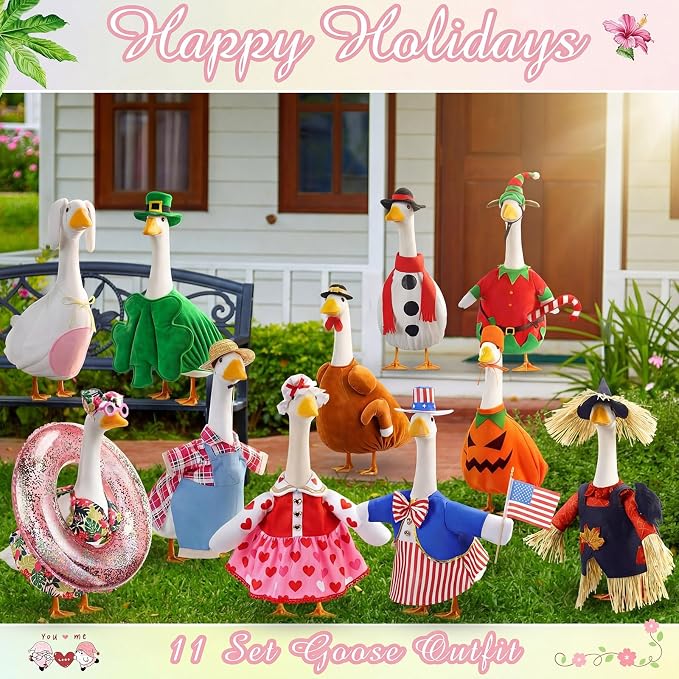 11 Set Holiday Porch Goose Outfits All Seasons Goose Clothes Umbrella Easter Statue Costume for Patio Lawn Outdoor