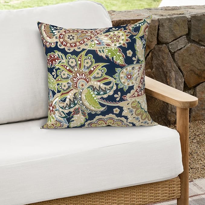 Outdoor Throw Pillows 16x16 Inch, Water Repellent Patio Pillows with Inners Set of 2 for Patio Furniture Home Graden, Paisley Sapphire Blue