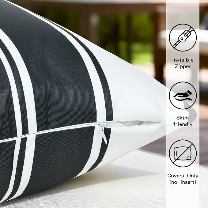 4 Pack Outdoor Waterproof Throw Pillow Covers 18x18 Inch | Striped Black and White Decorative Pillow Cover, Modern Outdoor Cushion Cases for Garden Patio Balcony Bench Couch Sofa