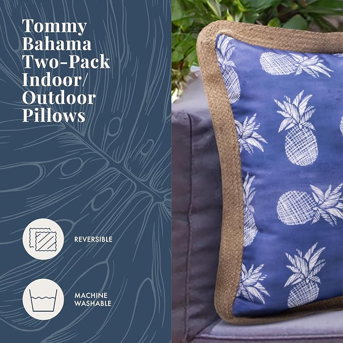 Tommy Bahama 18" x 18" Indoor/Outdoor Pillows, Pack of 2, Pineapple Blue | Water-Resistant, Fade-Resistant Cushions with Inserts, Reversible Covers For Patio, Poolside And Garden Seating