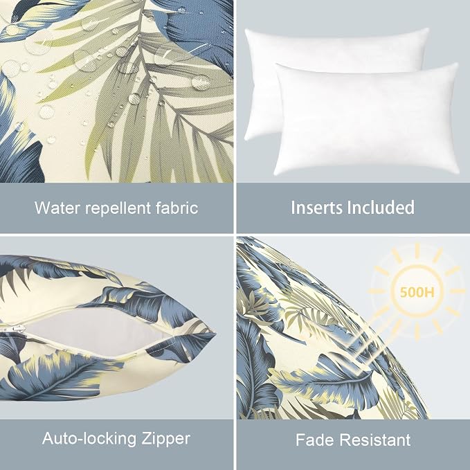 LVTXIII Set of 2 Patio Lumbar Pillows, 12" x 20" Fade Resistant Outdoor Lumbar Pillow with Inners, Fluffy Decorative Garden Lumbar Cushions for Home Patio Coach Sofa Use, ‌Lush Palm Blue